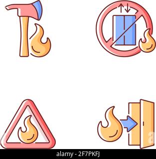 Workplace fire safety RGB color icons set Stock Vector