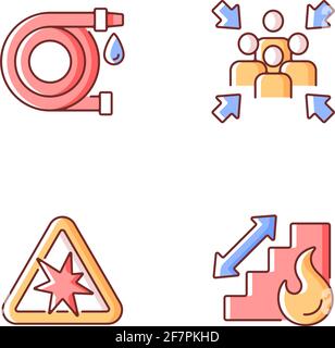 Office fire safety instructions RGB color icons set Stock Vector