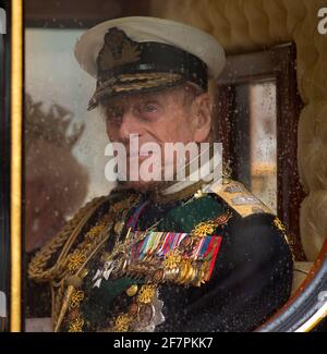 FILE PHOTO: Prince Philip attends The State Opening of Parliament on 18 May 2016 , accompanying Queen Elizabeth II. Credit: Malcolm Park/Alamy Live News. Stock Photo