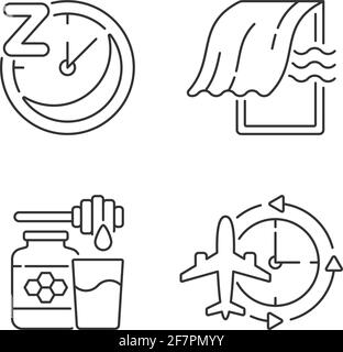 Recommendations to improve sleep linear icons set Stock Vector