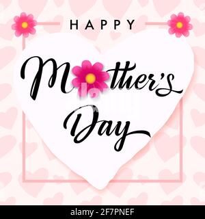 Happy Mothers day pink flower and hearts banner. Mothers Day greeting card template with calligraphy, rose color hearts on background. Vector illustra Stock Vector