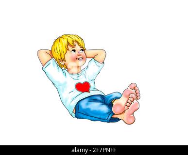 blond boy is sitting barefoot comfortably with his hands behind his head and looks upwards with smile, sky, view upwards, laughing, joy, heart cute Stock Photo