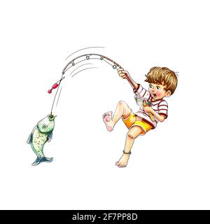 A Boy in a Vest, Hat, and Boots Catches a Big Fish. Kids Activities Stock  Vector Image & Art - Alamy