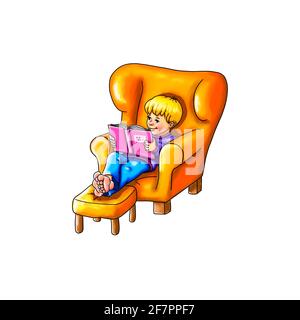 Boy sits comfortably cuddly in armchair barefoot feet on stool comfortably reads book children's book fascinated lost in childhood enjoy free time win Stock Photo