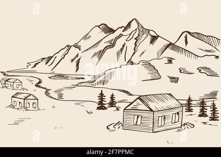 mountain log cabin drawing