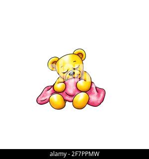 Teddy bear toy covered with a blanket sleeping cute sweet pretty small cuddly hugging Coloring picture soft gently rest smiling laughing joy peace Stock Photo