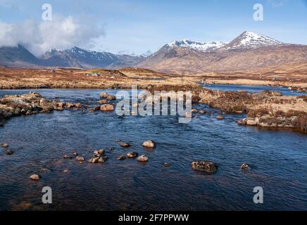 A 3 shot spring HDR image of Lochan na h-Achlaise and surrounding mountain range on Rannoch Moor, Scotland. 05 April 2009 Stock Photo