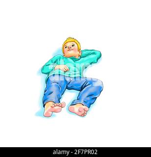 Boy lying thoughtfully barefoot looks up at the sky one hand behind his head relaxed teenager student child alone lonely background white coloring pic Stock Photo