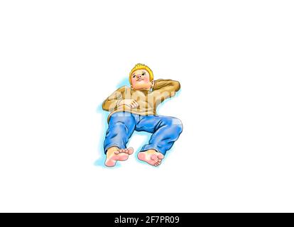 Boy lying thoughtfully barefoot looks up at the sky one hand behind his head relaxed teenager student child alone lonely background white coloring pic Stock Photo