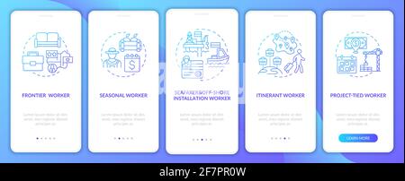 Migrant workers types navy onboarding mobile app page screen with concepts Stock Vector