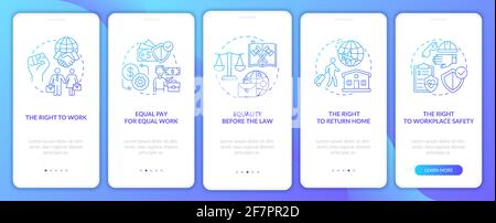 Migrant workers rights navy onboarding mobile app page screen with concepts Stock Vector