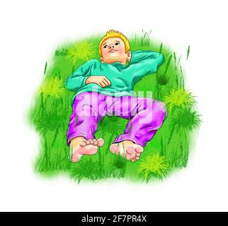 Boy lying thoughtfully barefoot on meadow lawn grass looks up into the sky one hand behind his head relaxed teenager student child alone lonely though Stock Photo