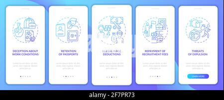 Migrant workers rights violation, abuse navy onboarding mobile app page screen with concepts Stock Vector