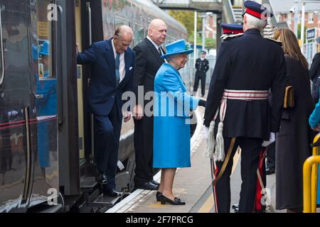 FILE PHOTO Dorchester, Dorset, UK. 27 October 2016. Her Majesty the Queen arrives at Dorchester on the Royal train accompanied by Prince Philip, Charles Prince of Wales and Camilla Duchess of Cornwall. They then went on to Poundbury where the Queen will be unveiling a statue of the Queen Mother, cast in bronze 9'6' high, sculptured by Philip Jackson. Prince Philip, Duke of Edinburgh, died 9th April 2021 aged 99.  Credit: Carolyn Jenkins/Alamy Live News Stock Photo