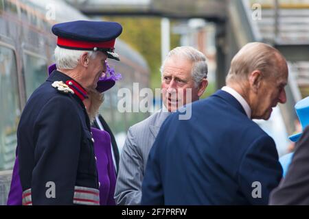 FILE PHOTO Dorchester, Dorset, UK. 27 October 2016. Her Majesty the Queen arrives at Dorchester on the Royal train accompanied by Prince Philip, Charles Prince of Wales and Camilla Duchess of Cornwall. They then went on to Poundbury where the Queen will be unveiling a statue of the Queen Mother, cast in bronze 9'6' high, sculptured by Philip Jackson. Prince Philip, Duke of Edinburgh, died 9th April 2021 aged 99.  Credit: Carolyn Jenkins/Alamy Live News Stock Photo
