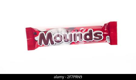 Mounds Candy bar from The Hershey Company made with shredded sweetened coconut in dark chocolate isolated on white Stock Photo