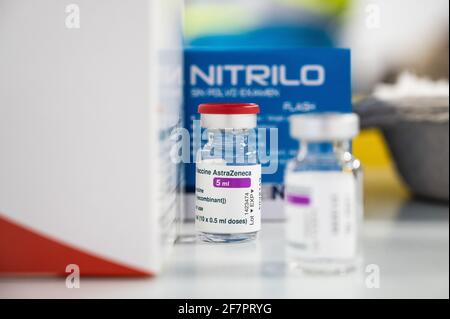 Madrid, Spain. 09th Apr, 2021. Vials of AstraZeneca vaccine against coronavirus (COVID-19) during the first day of a mass vaccination for the population between 60 and 65 years in the Wizink Center. Credit: Marcos del Mazo/Alamy Live News Stock Photo