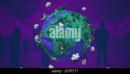 Composition of globe with clouds and trees icons over purple people silhouettes Stock Photo