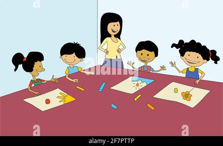 Class room teacher with students illustration vector background. Stick figure kids in class room Stock Vector