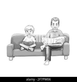 Father dad and child boy sit on couch and read newspaper book model imitation learn to copy education parents barefoot cross-legged joy laugh smile Stock Photo