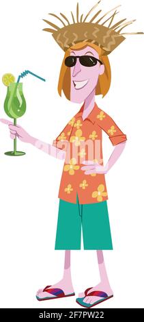 Hawaiian Tourist with cocktail cartoon illustration vector isolated on white background Stock Vector