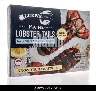 Winneconne, WI - 7 April 2021:  A package of Lukes maine lobster tails wild caught on an isolated background Stock Photo