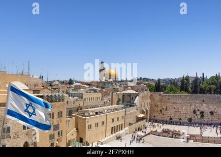 Jerusalem, Israel; April 8, 2021 - An elevated view of the old city of Jerusalem, Israel showing the wailing wall and Dome of the rock Stock Photo