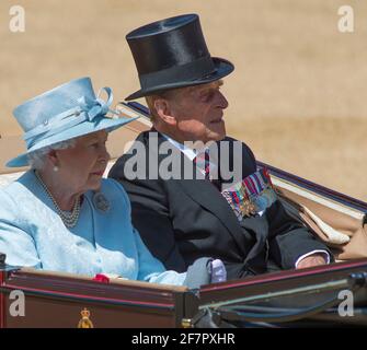 FILE PHOTO: Prince Philip attends Trooping the Colour ceremony on 17 June 2017 at Horse Guards Parade, accompanying Queen Elizabeth II. Credit: Malcolm Park/Alamy Live News. Stock Photo