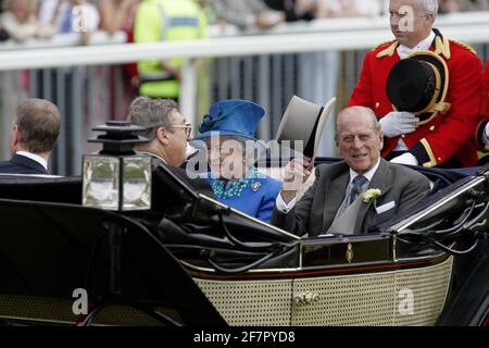 FILE PHOTO: 17 June 2005: Her Majesty The Queen and the Duke of Edinburgh's carriage in the Royal Procession on the Friday of Royal Ascot at York. Photo: Glyn Kirk/Action Plus.horse racing 050617 royalty Credit: Action Plus Sports Images/Alamy Live News Stock Photo
