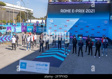 Rome, Italy. 09th Apr, 2021. April 9th, 2021, Rome, Circuito di Roma, ABB Formula E WM Rome: “we go green”, Formula E supports Unicef for a better and cleaner future. All season 7 drivers support this project. (Switzerland/Croatia OUT) Credit: SPP Sport Press Photo. /Alamy Live News Stock Photo