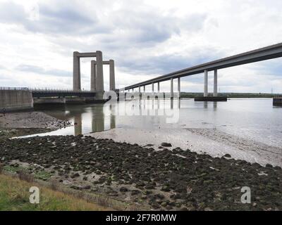 Elmley, Kent, UK. 9th Apr, 2021. Some scenes from ITV's new drama 'Too Close' to be shown Monday 9pm were filmed around the Kingsferry Bridge connecting Isle of Sheppey to mainland Kent. A stunt involving a car plunging from the bridge cost £100,000 using a stunt team who've worked on James Bond. Pictured: Kingsferry Bridge. Credit: James Bell/Alamy Live News Stock Photo