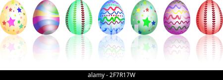 Set of easter eggs with a variety of textures and realistic reflected shadows. Happy Easter spring holiday nice colored eggs isolated on white background. Stock Vector