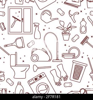 Vector Seamless pattern Illustration Cleaning Maid service Housekeeping Ironing Washing window Laundry Watering plant Mop Clean lavatory Professional Stock Vector