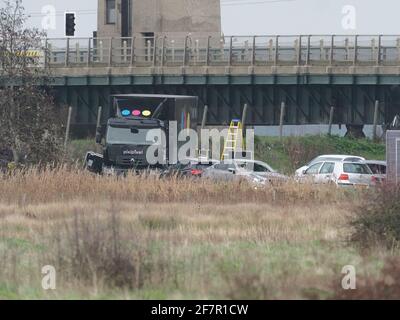 Elmley, Kent, UK. 9th Apr, 2021. Some scenes from ITV's new drama 'Too Close' to be shown Monday 9pm were filmed around the Kingsferry Bridge connecting Isle of Sheppey to mainland Kent. A stunt involving a car plunging from the bridge cost £100,000 using a stunt team who've worked on James Bond. [FILE PIC from Dec 2020]. Credit: James Bell/Alamy Live News Stock Photo