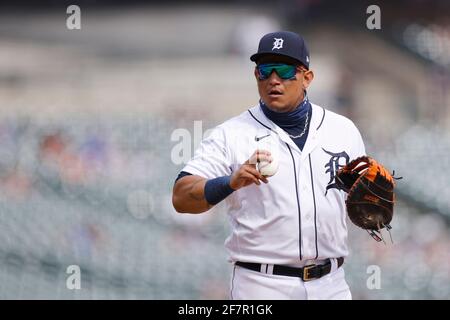 Detroit Tigers' Miguel Cabrera looks back at the home plate umpire ...