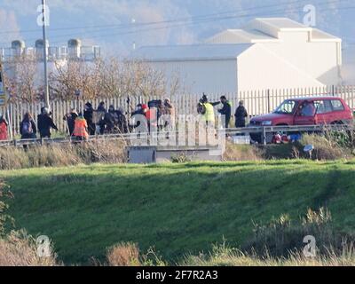 Elmley, Kent, UK. 9th April, 2021. Some scenes from ITV's new drama 'Too Close' to be shown Monday 9pm were filmed around the Kingsferry Bridge connecting Isle of Sheppey to mainland Kent. A stunt involving a car plunging from the bridge cost £100,000 using a stunt team who've worked on James Bond. [FILE PIC from filming in Oct 2020] Credit: James Bell/Alamy Live News Stock Photo