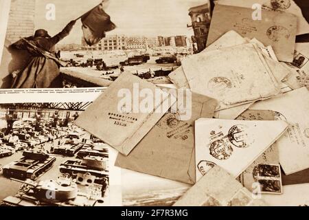 Archival postal mails on military photos WW2 in old journal Stock Photo