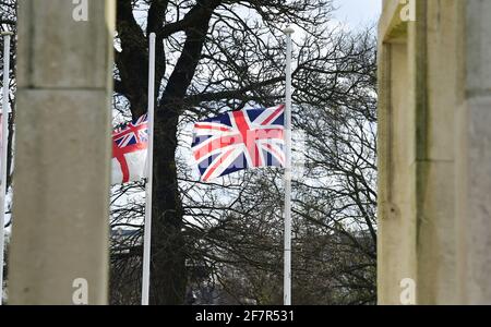 Brighton, UK. 9th Apr, 2021. Flags flying at half mast at Brighton War Memorial after the announcement of the death of Prince Philip the Duke of Edinburgh today : Credit: Simon Dack/Alamy Live News Stock Photo