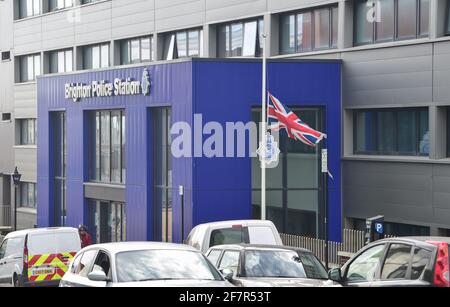 Brighton, UK. 9th Apr, 2021. Union flag flying at half mast at Brighton Police Station after the announcement of the death of Prince Philip the Duke of Edinburgh today : Credit: Simon Dack/Alamy Live News Stock Photo
