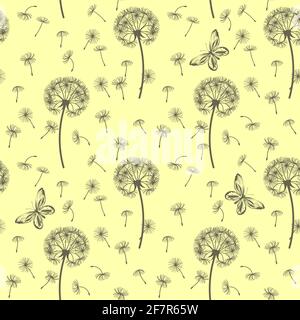 Seamless pattern of dandelions and butterflies on a yellow background. For wrapping paper, design and decoration. Vector illustration. Stock Vector