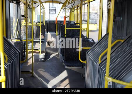 Non Exclusive: KYIV, UKRAINE - APRIL 09, 2021 - An empty trolleybus, Kyiv, capital of Ukraine Stock Photo