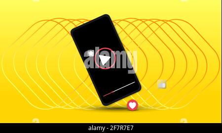 Smartphone mockup template with copy space. Digital Business promotion, cell phone with video play advertising and social media marketing. Abstract ye Stock Vector