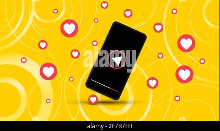 Smartphone mockup template with copy space. Digital Business promotion, cell phone with video play advertising and social media marketing. Abstract ye Stock Vector
