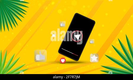Smartphone mockup template with copy space. Digital Business promotion, cell phone with video play advertising and social media marketing. Abstract ye Stock Vector