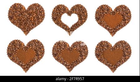 Set of isolated coffee hearts with a frame of beans. Made from coffee beans. Love concept. Hearts with ground coffee, instant coffee, and a place for Stock Photo