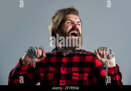 man labored breathing with chain around neck, Asthma and cough Stock Photo
