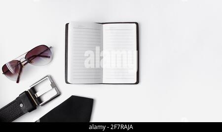 Flat lay composition with men's accessories and space for text on white background Stock Photo