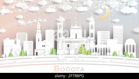 Bogota Colombia City Skyline in Paper Cut Style with Snowflakes, Moon and Neon Garland. Vector Illustration. Christmas and New Year Concept. Stock Vector