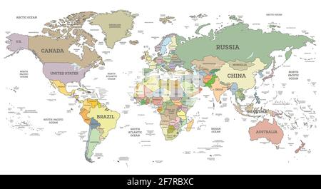 Detailed World Map with Borders and Countries Isolated on White. Vector Illustration. Cylindrical Projection. Stock Vector