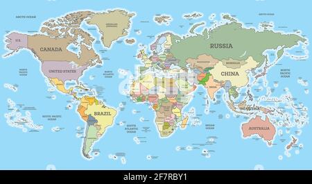 World Map with Borders and Countries. Vector Illustration. Cylindrical Projection. Stock Vector